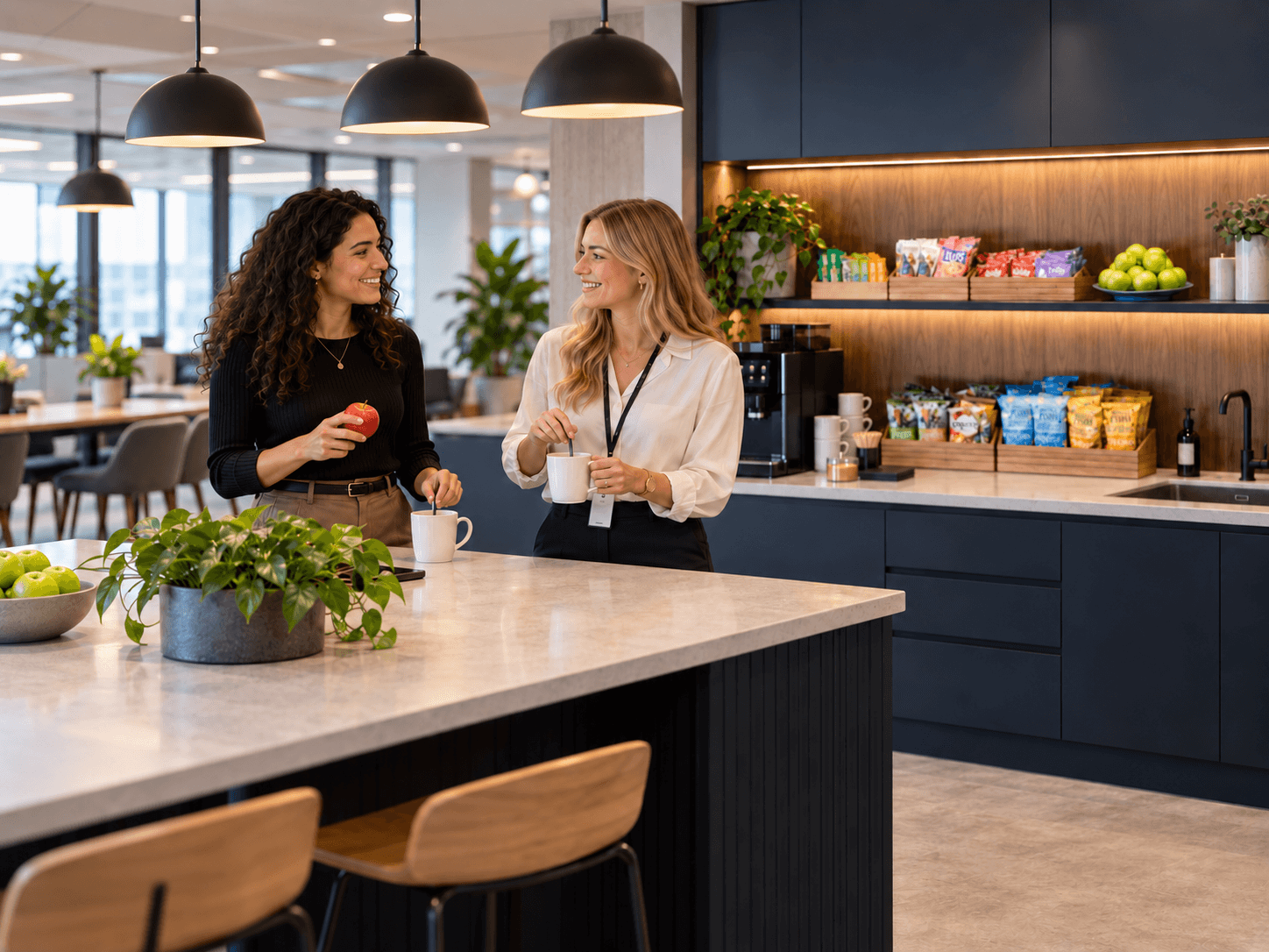 2 people chatting in London office with stocked pantry supplies
