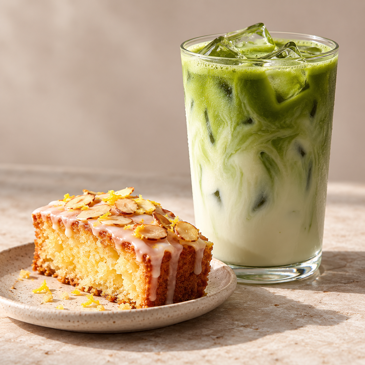 matcha and cake from a London workplace cafe